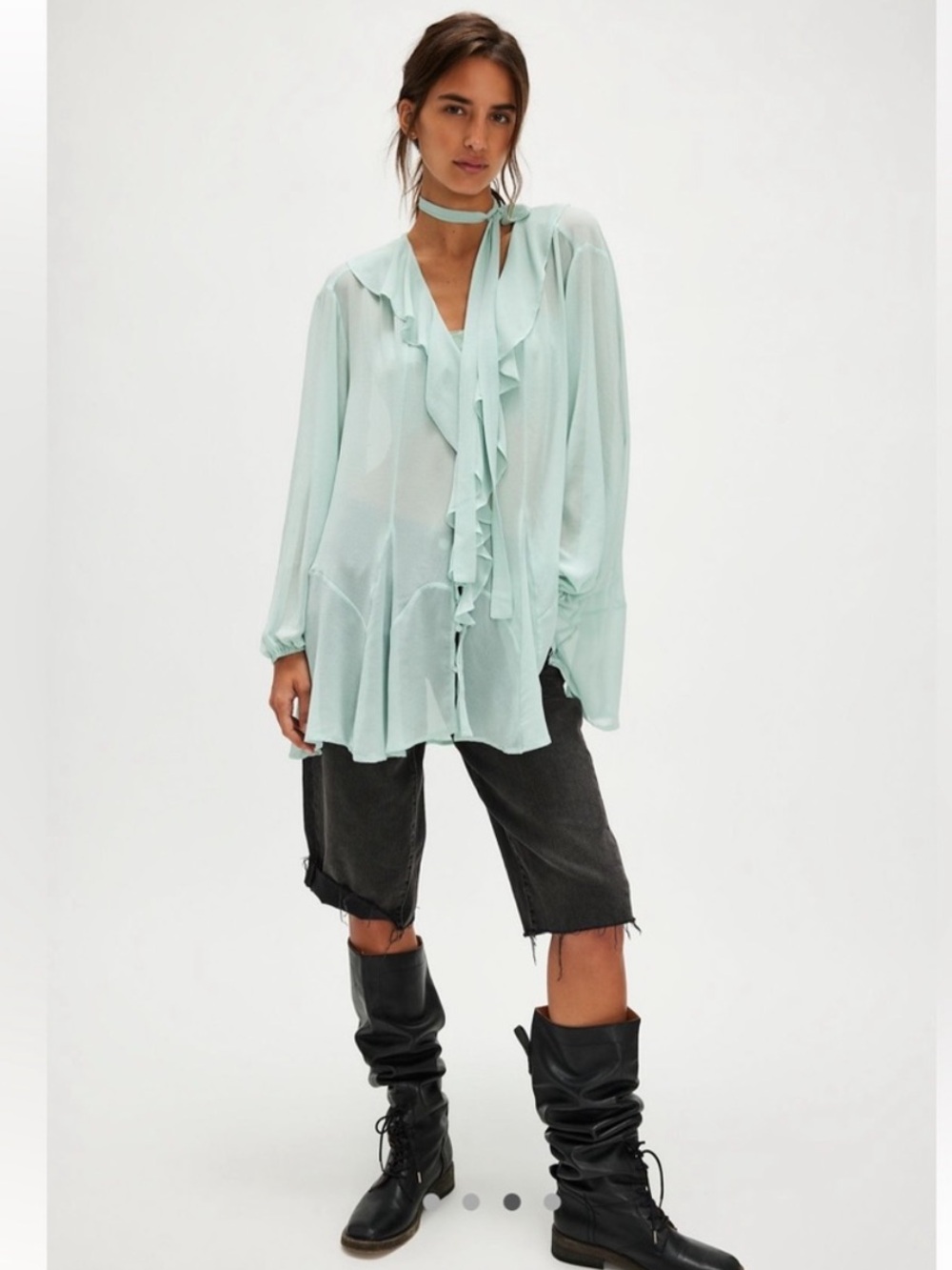 Free People Mint Green Dreamland Ruffle Sheer Solid Tie Sash Tunic Top Small - Picture 2 of 8